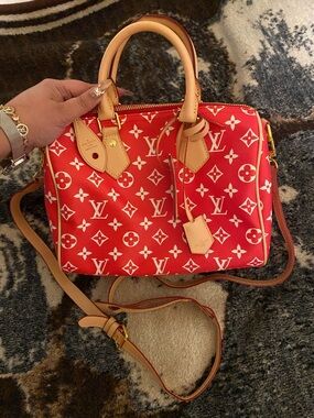 Louis Vuitton Red & Natural Monogram Speedy Bandoulière Satchel